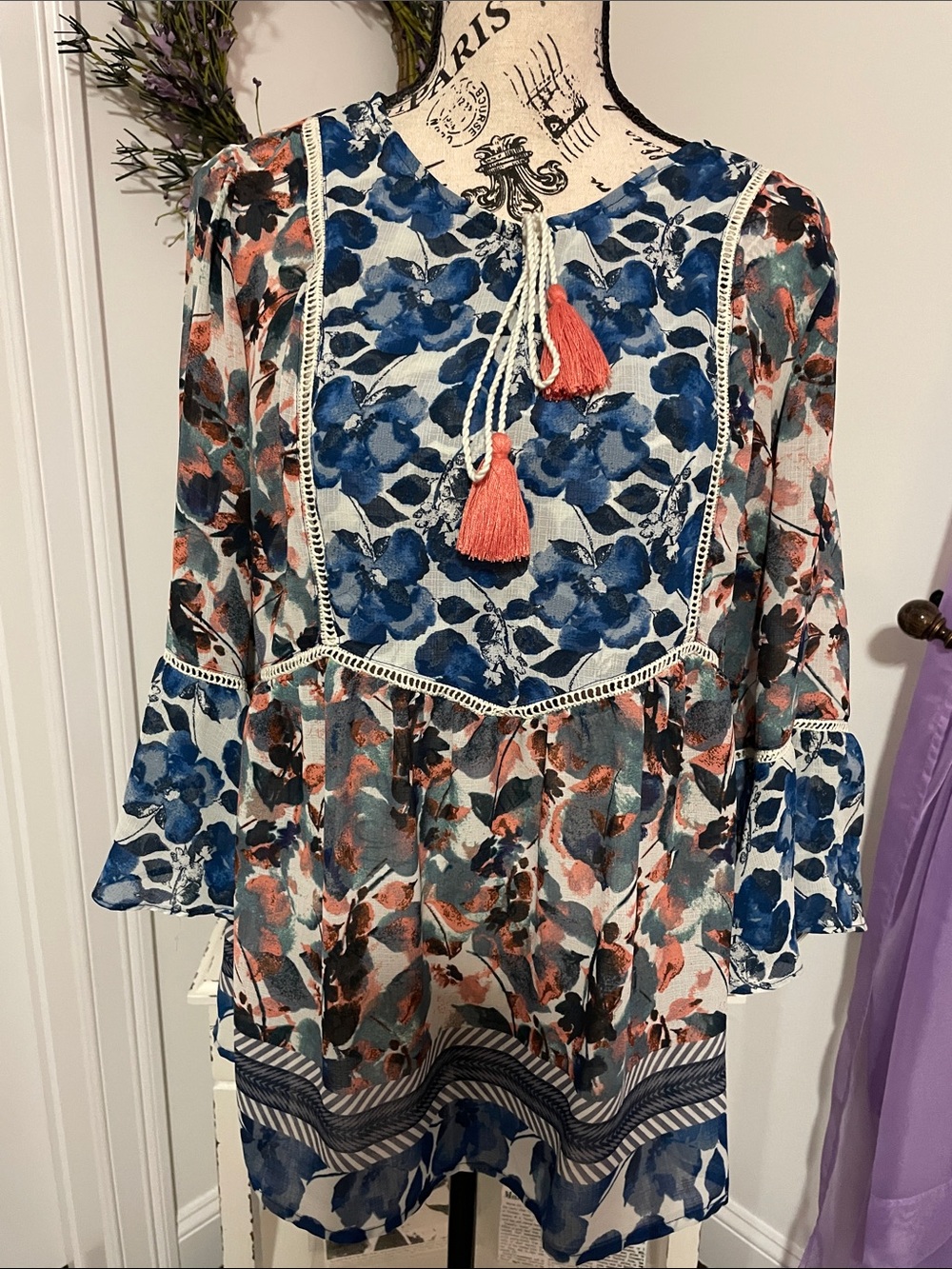Boho Floral Tassel Peasant Top in Blue and Coral Size L